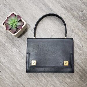 Vintage Genuine Leather Top Handle Handbag Black Gold